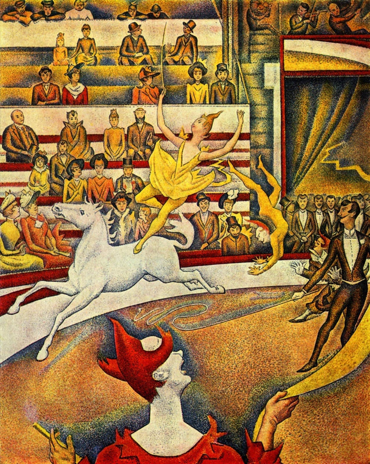 Pittura a olio nei toni pastello di blu e giallo, raffigurante un gruppo di persone in un circo, con elementi geometrici e luci puntiformi.