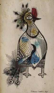 Pittura di Aldemir Martins raffigurante un pavone stilizzato con colori vivaci.