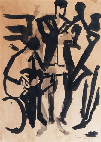 Disegno di Aldemir Martins del 1958, intitolato 'Musicisti', realizzato con inchiostro di china su carta.