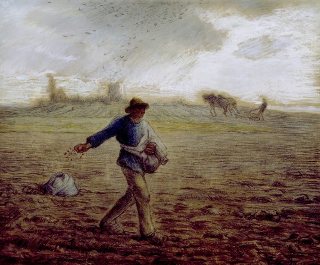 Dipinto di Jean-François Millet, 'Il Seminatore', che raffigura un contadino che semina i campi.