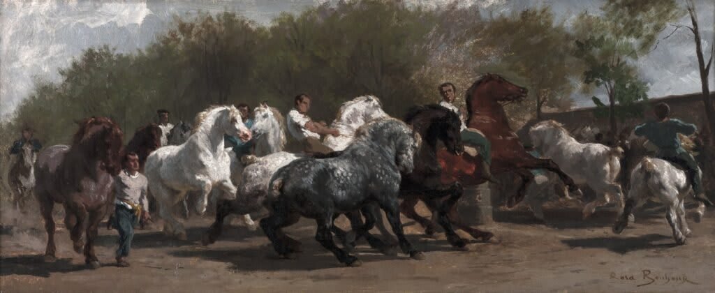 Dipinto di Rosa Bonheur, 'La Fiera dei Cavalli', una scena vibrante con numerosi cavalli e figure.