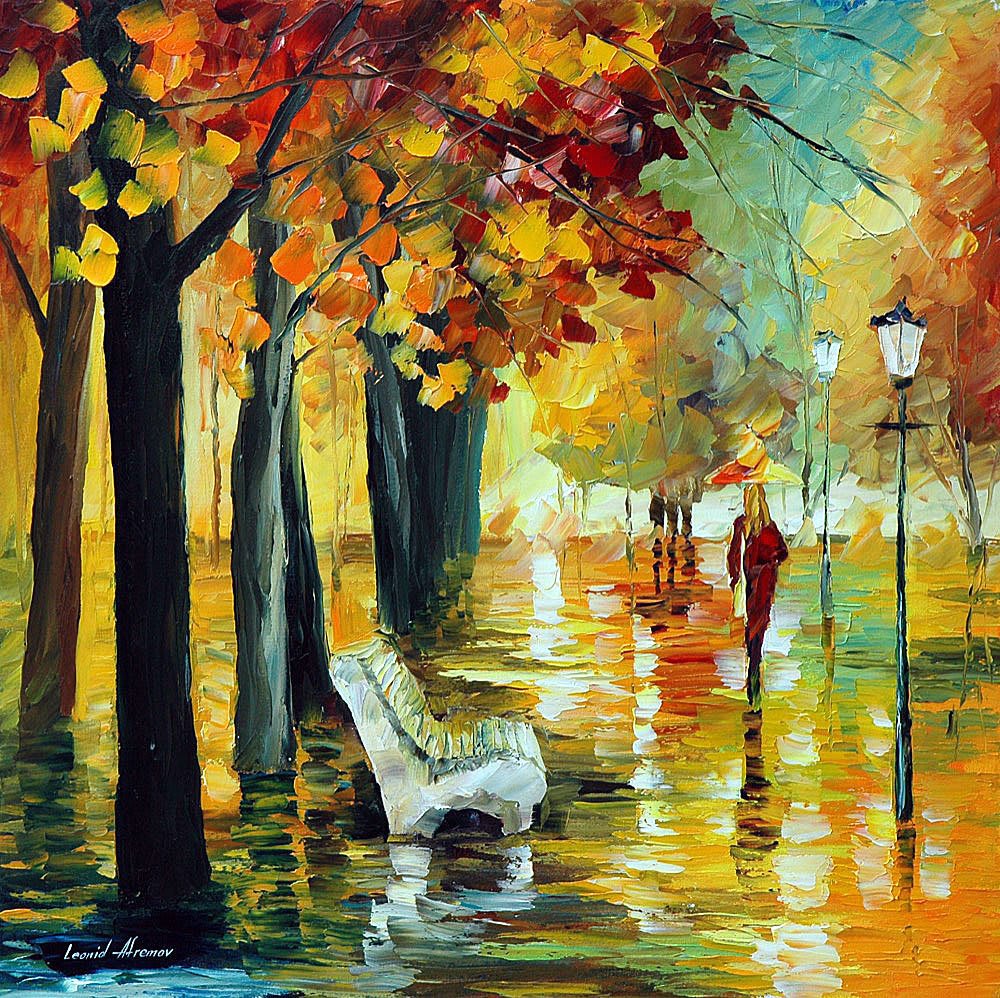 Dipinto di Leonid Afremov che raffigura un paesaggio autunnale con alberi colorati e un lago.