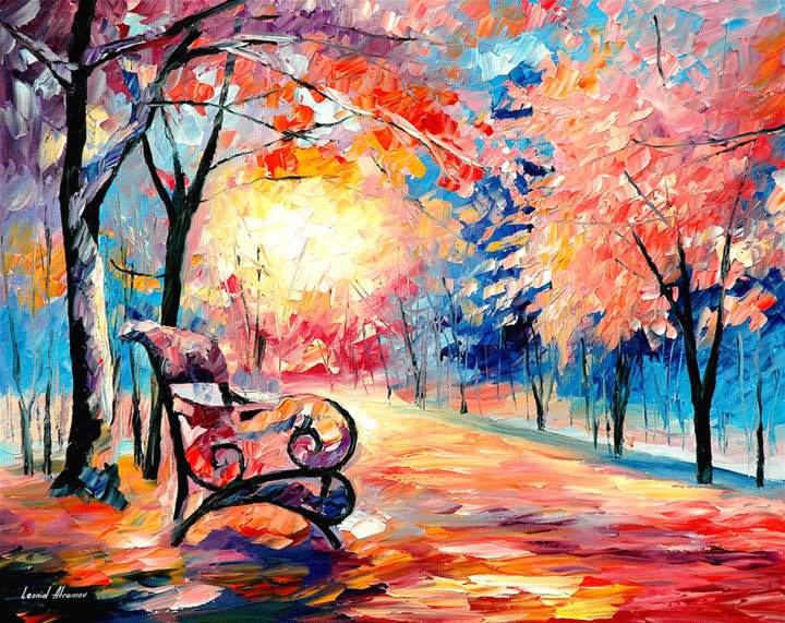Dipinto di Leonid Afremov che raffigura un giardino innevato e colorato, con alberi ricoperti di neve e luci soffuse.