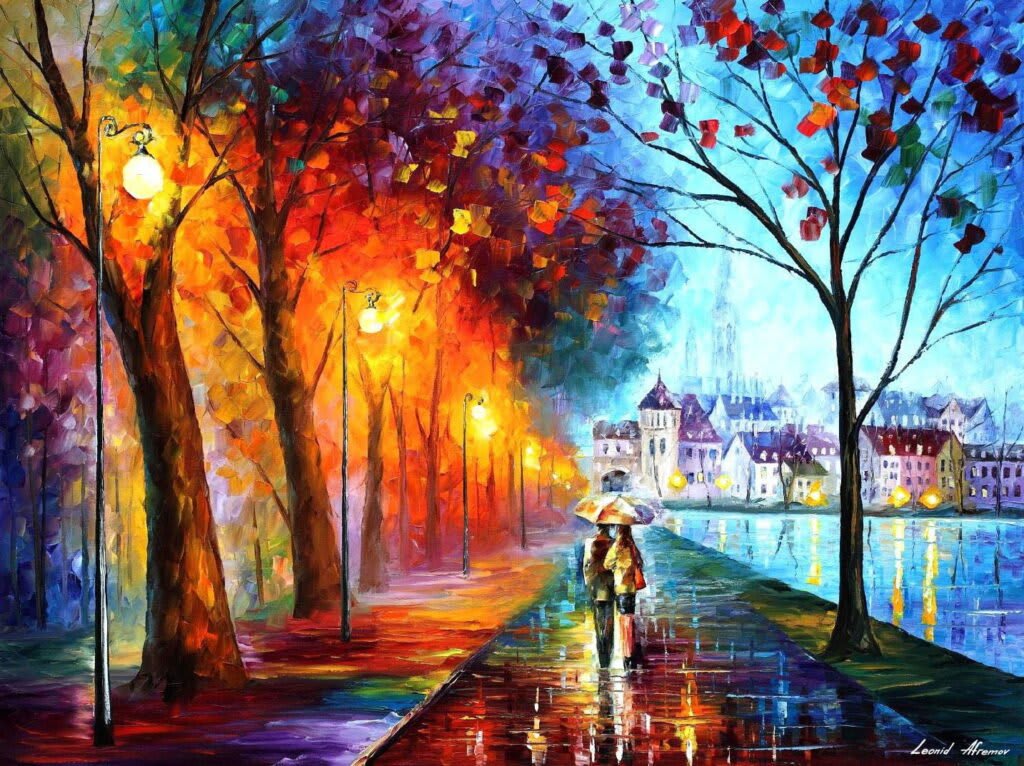 Dipinto di Leonid Afremov che raffigura una città affacciata su un lago, con luci vibranti riflesse sull'acqua scura.