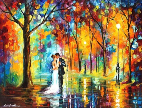 Dipinto di Leonid Afremov che raffigura un matrimonio sotto la pioggia, con una coppia che cammina sotto un ombrello colorato.