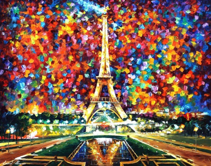 Dipinto di Leonid Afremov che raffigura Parigi, con la Torre Eiffel illuminata sotto una pioggia di colori.