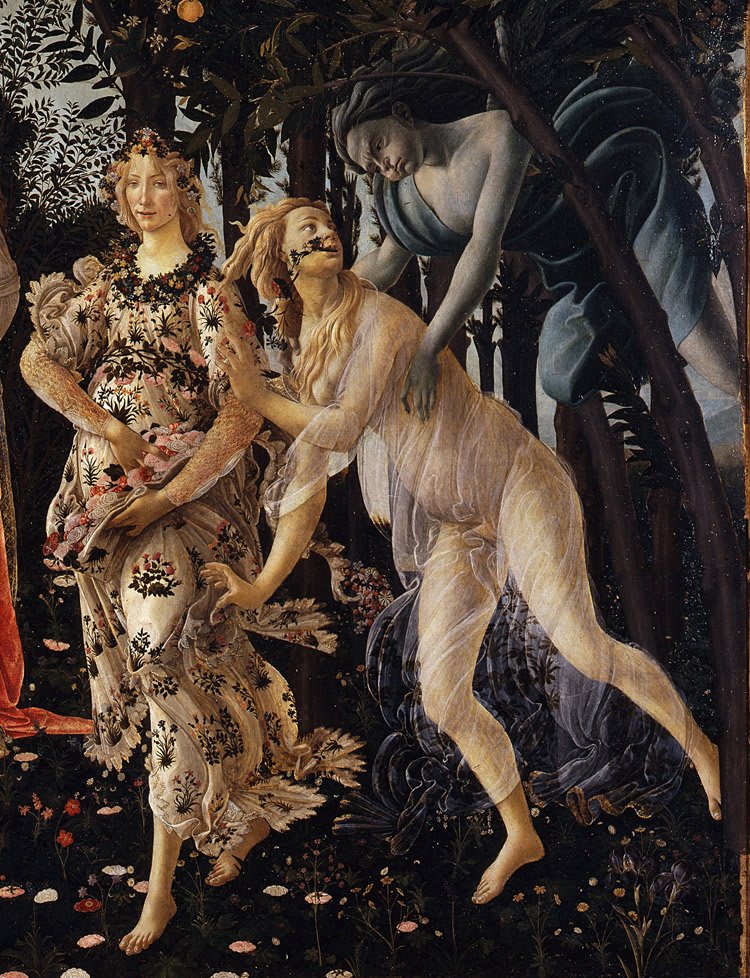 Zefiro e la ninfa Clori che si trasforma in Flora (dettaglio de 'La Primavera' del Botticelli)