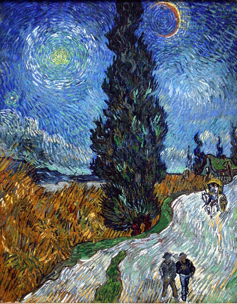 Dipinto a olio post-impressionista di Vincent van Gogh, raffigurante una strada serpeggiante sotto un cielo notturno stellato e cipressi in tonalità blu e gialle.