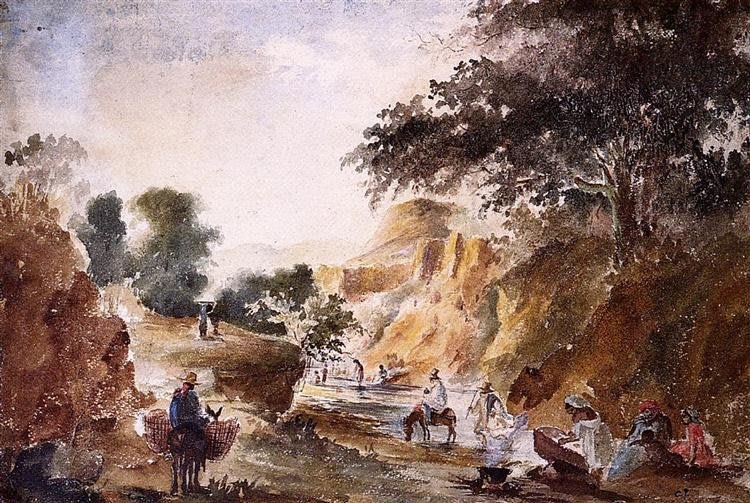 Paesaggio con figure lungo un fiume. Camille Pissarro. 1853