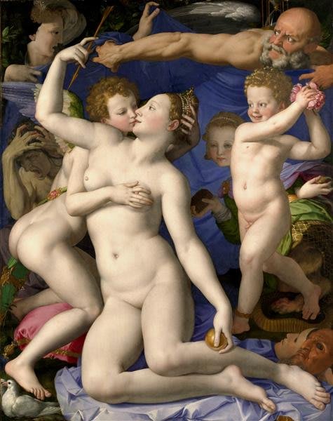 Dipinto rinascimentale a olio che raffigura Venere e Cupido in tonalità pastello di blu e rosa, con dettagli di seta e gioielli.