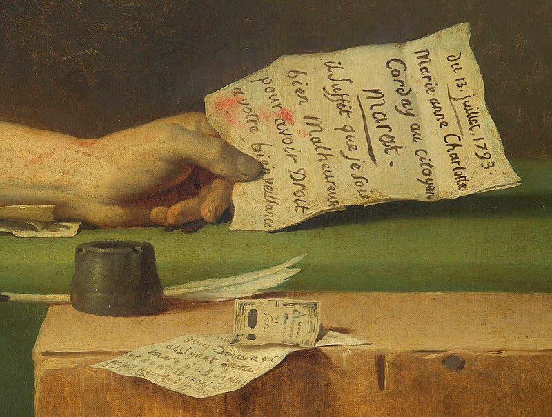 Dettaglio del pugnale e della ferita sul petto di Marat.