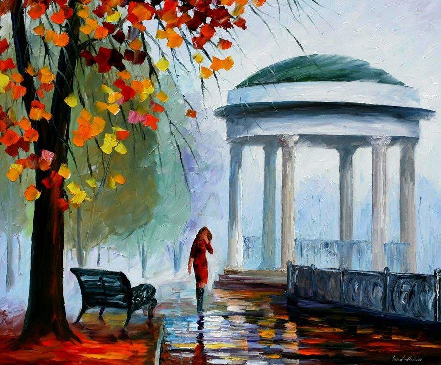 Ein Gemälde von Leonid Afremov mit dem Titel 'Der Garten der Sinne', das eine farbenfrohe und emotionale Szene zeigt.