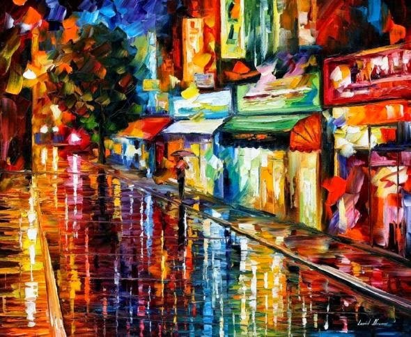 Ein Gemälde von Leonid Afremov mit dem Titel 'Regnerische Nacht', das eine dunkle, aber farbenfrohe Stadtszene im Regen darstellt.