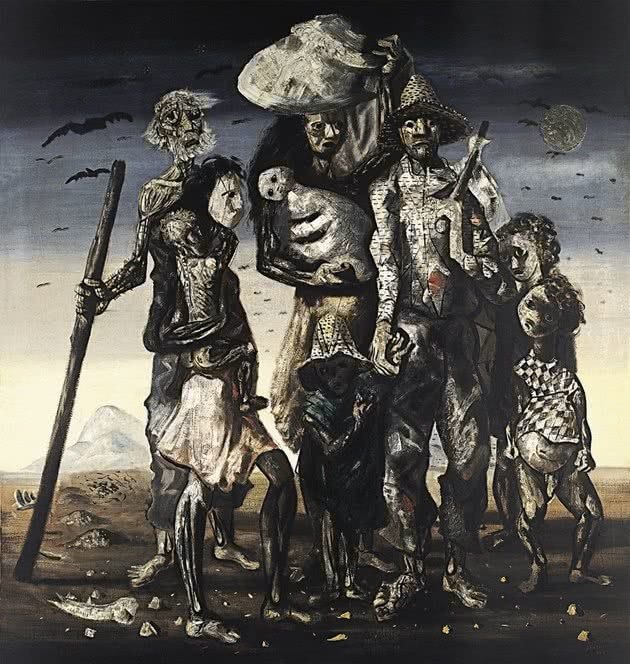 Ein realistisches Ölportrait, das eine Gruppe von Menschen zeigt, die in Richtung eines fernen Horizonts gehen, in blauen und grünen Pastellfarben.