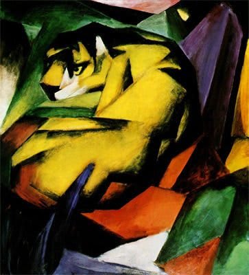 Expressionistisches Ölgemälde eines roten und gelben Tigers vor einem dunkelblauen Hintergrund mit Texturen und welligen Linien