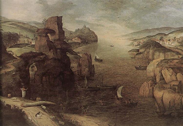 Detail aus Bruegels 'Landschaft mit Christus, der den Aposteln am See Genezareth erscheint'.