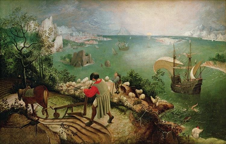 Bruegels Gemälde 'Landschaft mit dem Sturz des Ikarus' mit Bauern bei der Arbeit und dem kleinen Ikarus im Wasser.