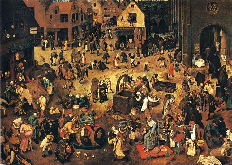 Detail aus Bruegels 'Kampf zwischen Karneval und Fastenzeit' mit geschäftigem Treiben.