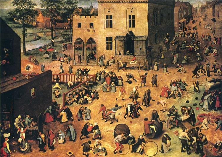 Bruegels 'Kinderspiele' mit einer großen Anzahl von Kindern, die verschiedene Spiele spielen.