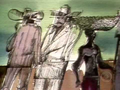 Aldemir Martins: Szene aus der Eröffnungssequenz der Telenovela Gabriela, mit stilisierten Figuren und tropischen Elementen.