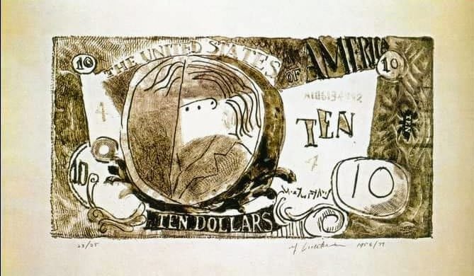 Nota von Zehn Dollar. Litografie. Roy Lichtenstein. 1956