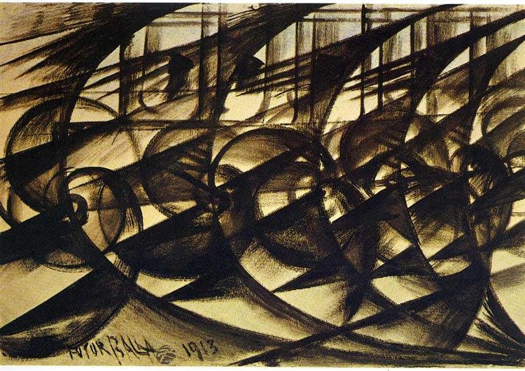 Futuristisches Gemälde von Giacomo Balla, das die Bewegung eines Hundes an der Leine zeigt, mit überlappenden Beinen und Schwänzen, die Geschwindigkeit ausdrücken.