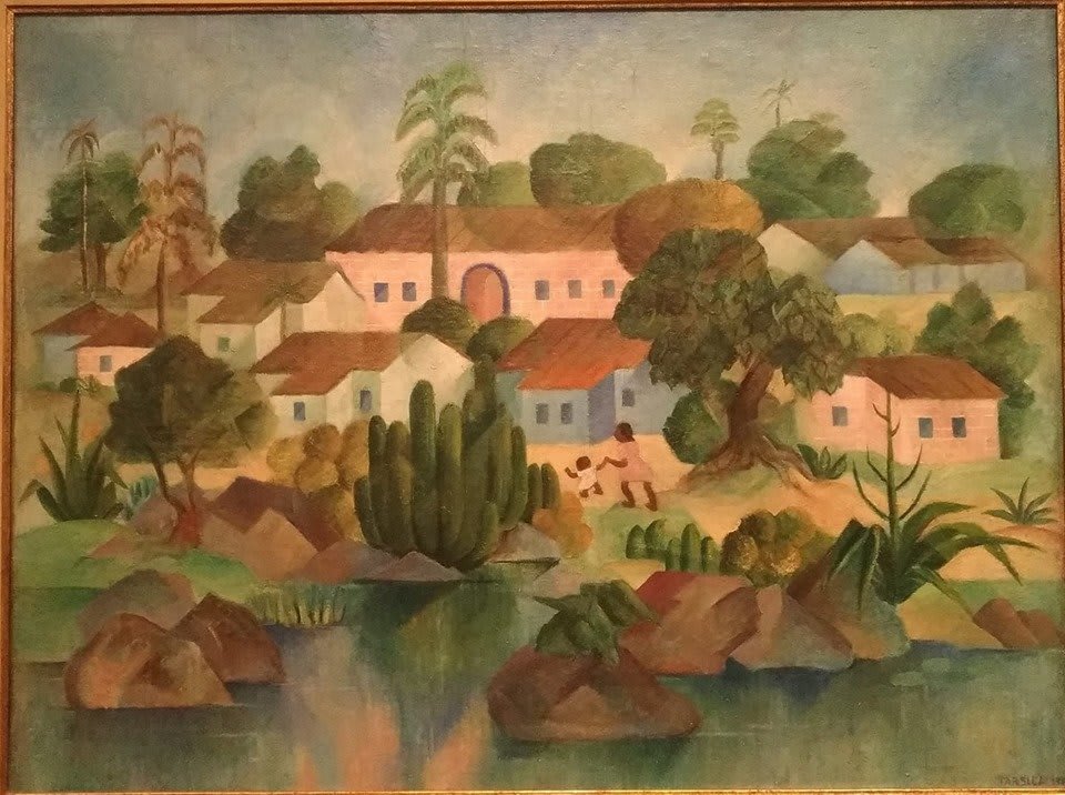Ein Gemälde aus Tarsila do Amarals Neo-Pau-Brasil-Phase, das typische ländliche Szenen Brasiliens darstellt.